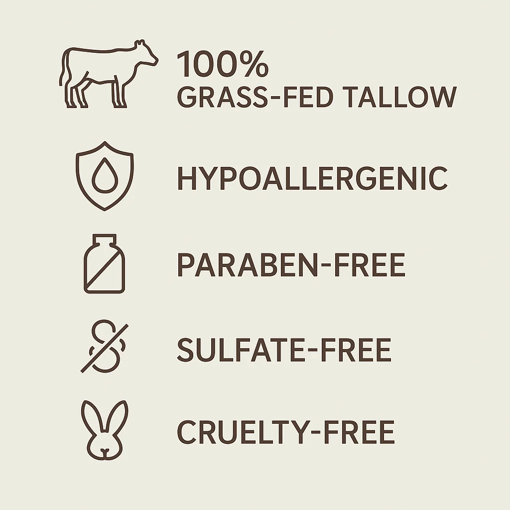 100% grass-fed tallow, hypoallergenic, paraben-free, sulfate-free, cruelty-free