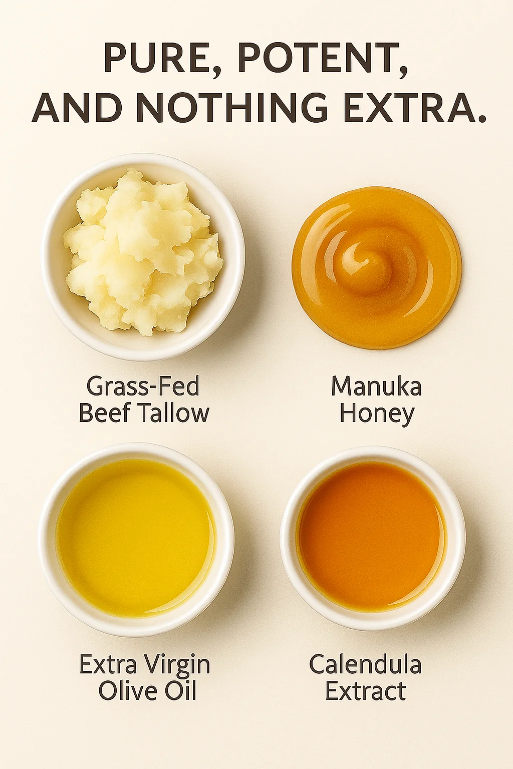 The four ingredients: tallow, manuka honey, olive oil, calendula